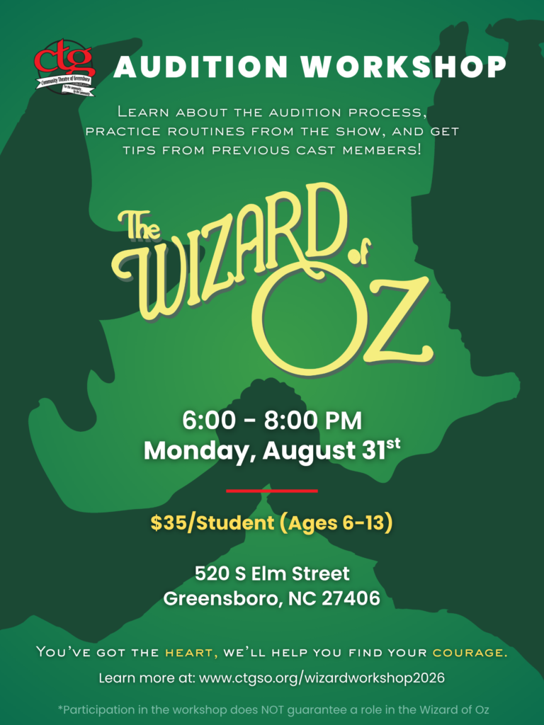 Audition Workshop. Learn about the audition process, practice routines fromt he show, and get tips form previous cast members! Monday, August 31st from 6 to 8 PM. $35 per student, ages 6-13.